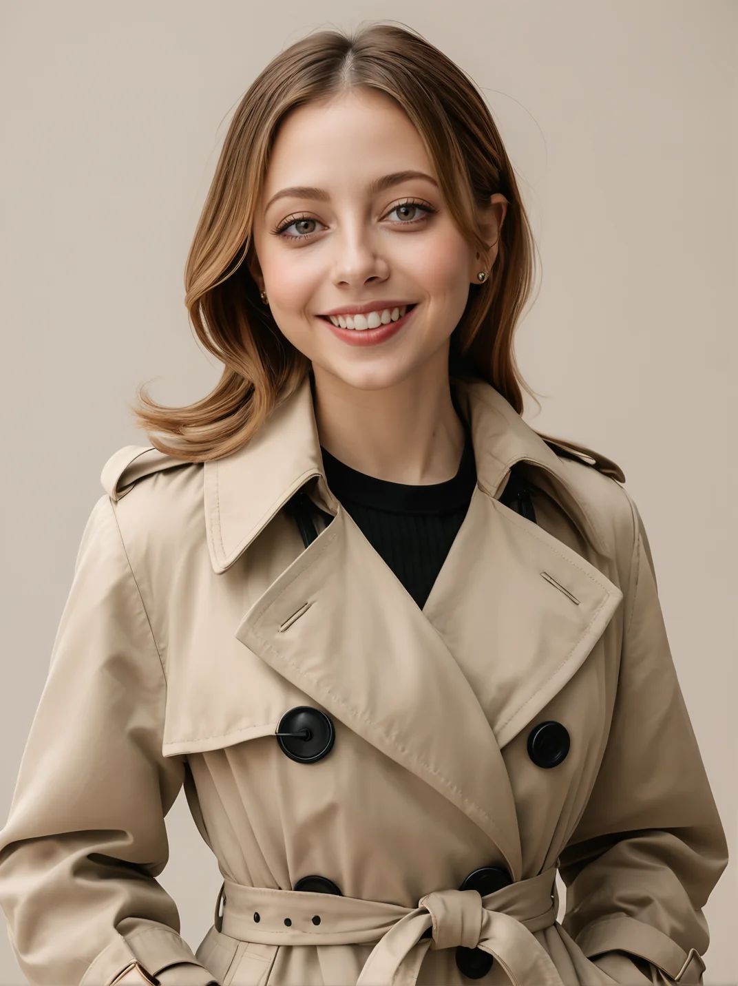 30yo felicitysynthxl, upper body, standing, neutral background, smile, large breasts, modest,
wearing a trench coat