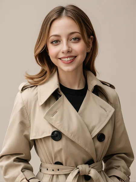 30yo felicitysynthxl, upper body, standing, neutral background, smile, large breasts, modest,
wearing a trench coat