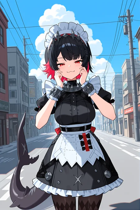 beautiful detailed eyes, masterpiece, best quality, intricate details, absurdres, 1girl, solo,
<lora:P-IL-EllenJoe2:1>, 3ll3nj03, black hair, red hair, pink hair, multicolored hair, short hair, red eyes,
maid, black dress, short sleeves, puffy sleeves, frills, apron, maid headdress, wrist cuffs, pantyhose,
shark tail,
medium breasts,
smug, :3, fingers on cheek, smile, joyfull expression, face closeup,
outdoors, city street, utility pole, power lines, road, building, day, shadow, blue sky, clouds,