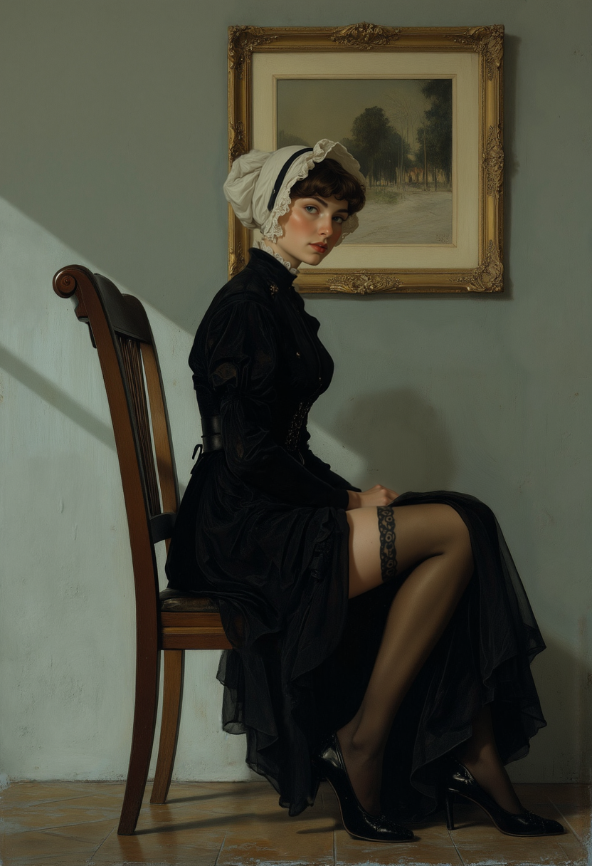 painting in the style of "Arrangement in Grey and Black No.1" by James McNeill Whistler -- A seated Mischievous  woman in profile, head facing forward, but her eyes turned slightly toward the viewer with a cheeky smile,  wearing a austere black Victorian dress  a high neckline with a slit, she is seductively and secretly  revealing her leg and thigh with lace top   stockings and garters,  white lace bonnet,  a knowing smile, She sits on a wooden chair against a grey wall with  a frame picture, . The scene is quiet formal minimalist with soft muted tones, Mischievous vintage art,, <lora:Anime Art V3:1> <lora:aidmaMJ6.1_v0.5_3:0.5>.
