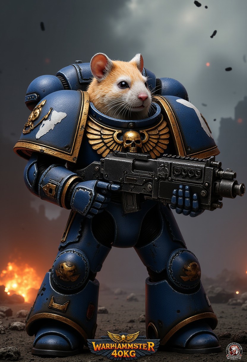 An Ultramarine torso clad in majestic, battle-scarred blue power armor, featuring the iconic gold Aquila and Ultramarines insignia, paired with massive pauldrons and intricate details. His head is that of a photorealistic (hamster:1.1) with detailed fur, whiskers and large beady black eyes. It contrasts absurdly with the seriousness of the armor. In his oversized armored gauntlets, he clutches a massive, futuristic rifle that's comically too serious for his cheerful demeanor.
The background shows a grim dark battelfield with explosion craters on an alien planet and falling meteors.
At the bottom of the image, there is a text that says "WARHAMSTER 40KG" in the usual warhammer 40k logo