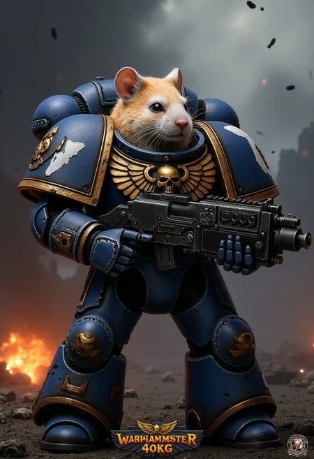 An Ultramarine torso clad in majestic, battle-scarred blue power armor, featuring the iconic gold Aquila and Ultramarines insignia, paired with massive pauldrons and intricate details. His head is that of a photorealistic (hamster:1.1) with detailed fur, whiskers and large beady black eyes. It contrasts absurdly with the seriousness of the armor. In his oversized armored gauntlets, he clutches a massive, futuristic rifle that's comically too serious for his cheerful demeanor.
The background shows a grim dark battelfield with explosion craters on an alien planet and falling meteors.
At the bottom of the image, there is a text that says "WARHAMSTER 40KG" in the usual warhammer 40k logo