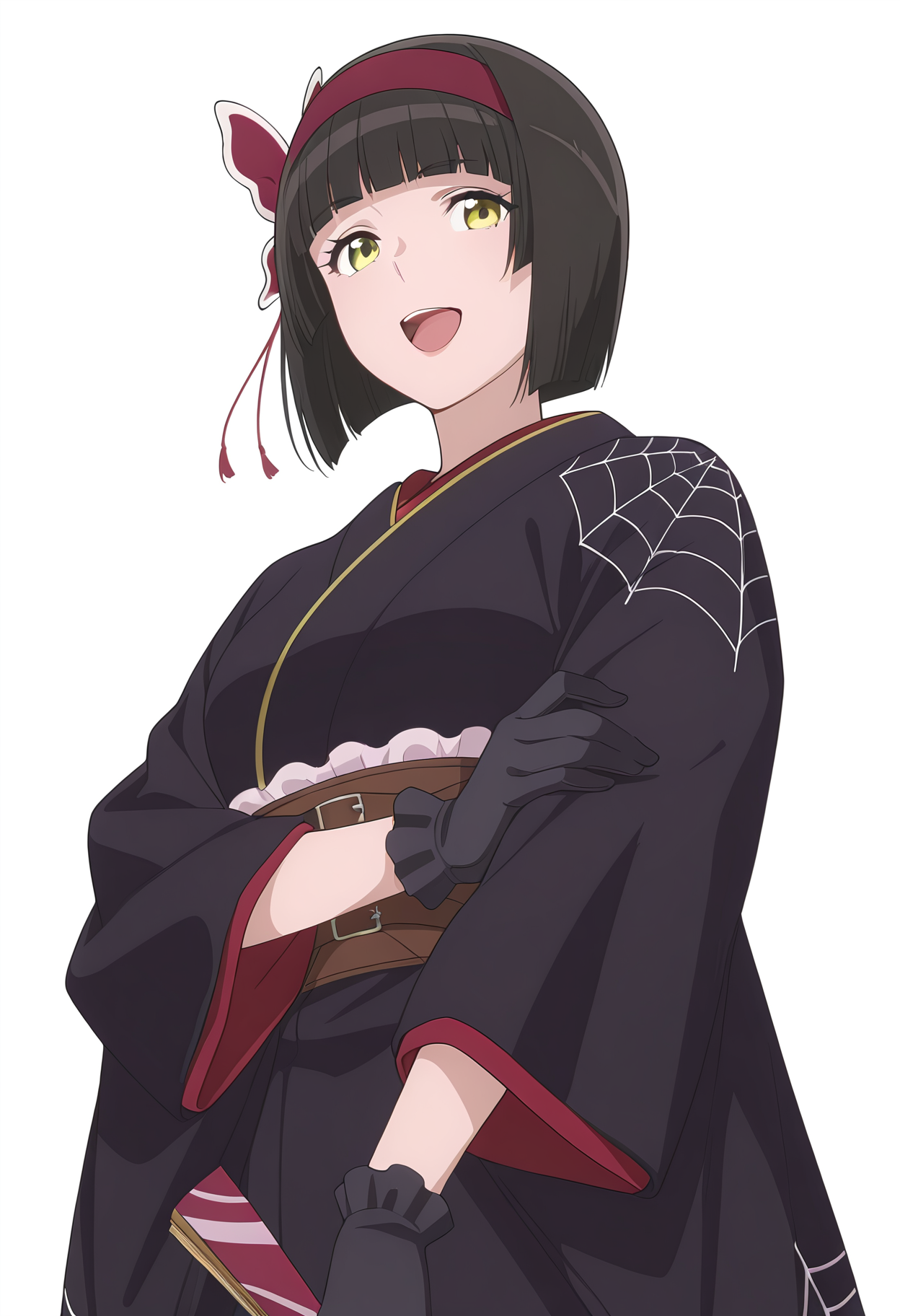 Smooth Quality,masterpiece, ultra realistic,
simple background, white background,
from below,;d,hand on own arm,
 <lora:MioCnn:0.8> Mio/Cnn, 1girl, short hair, bangs, japanese clothes, kimono, yellow eyes, hairband, blunt bangs, black gloves, black hair, spider web print,butterfly hair ornament,folding fan,
