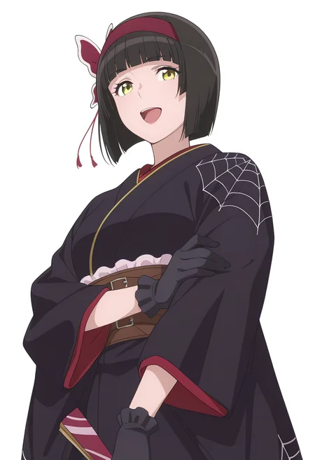 Smooth Quality,masterpiece, ultra realistic,
simple background, white background,
from below,;d,hand on own arm,
 <lora:MioCnn:0.8> Mio/Cnn, 1girl, short hair, bangs, japanese clothes, kimono, yellow eyes, hairband, blunt bangs, black gloves, black hair, spider web print,butterfly hair ornament,folding fan,