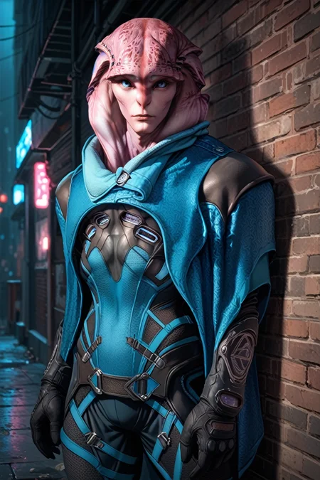 score_9, score_8_up, score_7_up,
<lora:MEAJaal:1.0>
MEAJaal, 1boy, alien, pink skin, blue eyes, In a dimly lit urban alley, tailored black suit, ambient neon lights casting shadows, leaning confidently against a brick wall