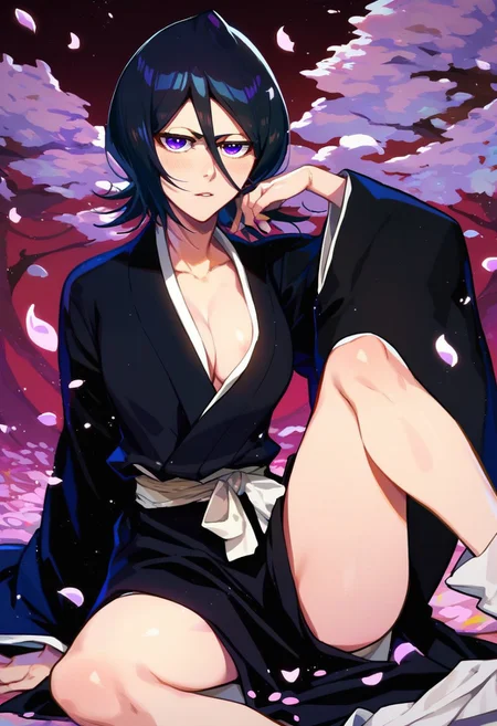 score_9, score_8_up, score_7_up, score_9, BREAK <lora:rukia:1> rukiaSDXL, 1girl, solo, looking at viewer, short hair, black hair, long sleeves, hair between eyes, purple eyes, japanese clothes,white ribbon, wide sleeves, kimono, petals, black kimono, kuchiki rukia, sitting, ((nip slip)), (legs spread),