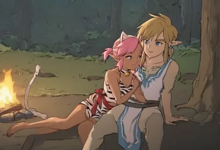 masterpiece, very aesthetic, anime screenshot, 1girl, Pink_PonyXL, sleeveless dress, white tiger print, pink hair, cat ears, cat bell around neck, tanned, pelvic curtain, cleavage, white tiger tail, red sash, small breasts, smile, reclining
Break
1boy, link1,link,pointy ears,blonde hair,blue eyes,medium hair,side locks,earrings,short ponytail, hylian tunic
Break
Lost woods at night, sitting on tree stumps, forest campsite, night, campfire, grilling fish over the fire