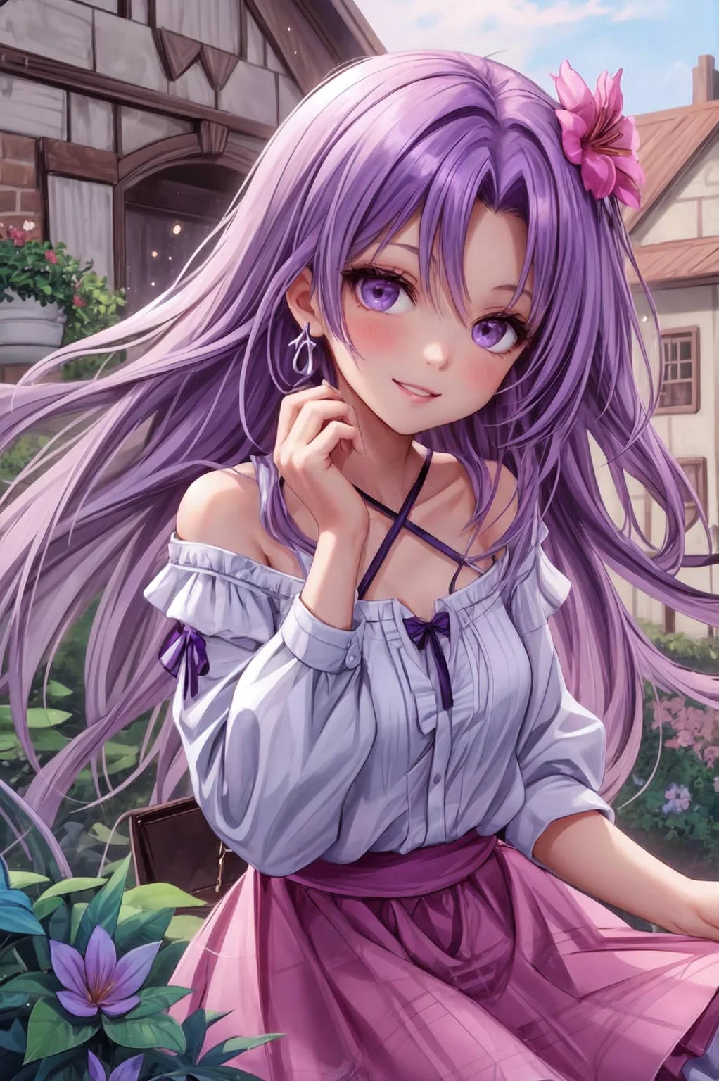 <lora:Tool - Detail up:0.5>, dynamic amgle,
1girl, mature female, milf, garden, narrowed eyes, looking at viewer, hand on cheek, hair flower, blush, smile, parted lips, purple hair, jewelry, eyeshadow, purple nails, sundress, cowboy shot, long hair,