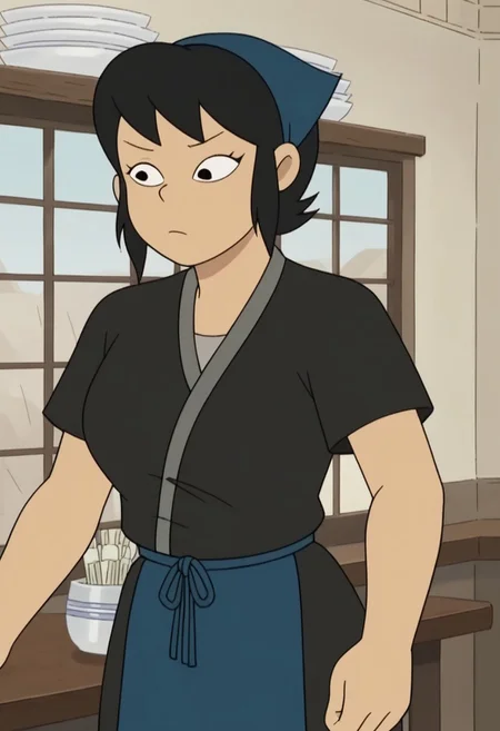 score_9, score_8_up, score_7_up, source_anime, anime screencap,  kazumi watanabe, 1girl, solo, black hair, short hair, black eyes,large breasts, apron, japanese clothes, kimono, black shirt, shirt,head scarf,short sleeves, indoor, sexy pose,