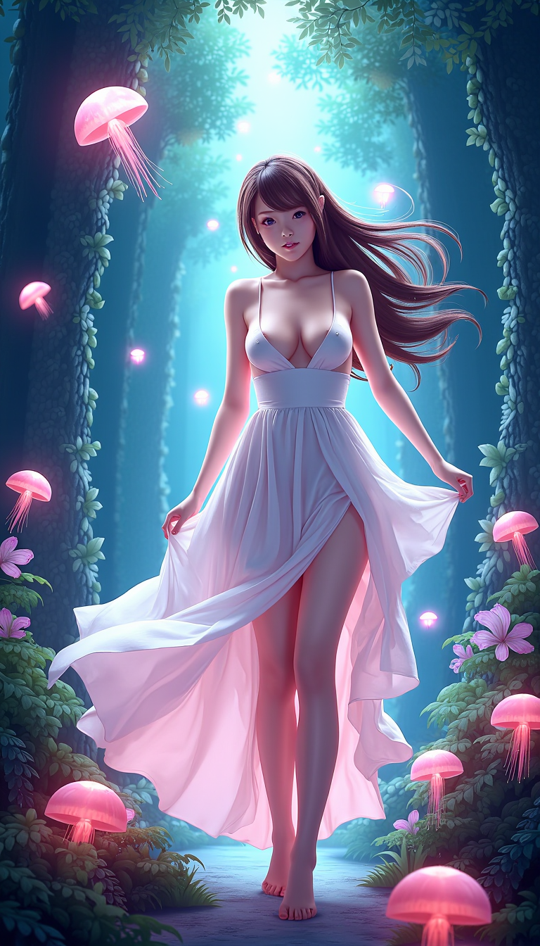 Picture shows bright light,a long-haired girl strikes a pose in a softly glowing forest. She wears a flowing long dress that reveals her chest,while bright light highlights her beautiful eyes as she gazes forward,showcasing her stunning physique. Her hair and dress flow gently,adding a sense of movement. Glowing jellyfish float around her,and delicate flowers and plants decorate her surroundings,all bathed in dramatic lighting with dynamic contrasts of light and shadow. The high-resolution details reveal perfect anatomical structure,captivating the audience with her breathtaking beauty. The scene is centered,filled with the girl's enchanting pose,exuding a mysterious atmosphere. With smooth,sharp focus,the illustration bursts with high clarity,as spotlighting in contrast with vibrant paint colors from ArtStation concept art creates a transcendent glow.,looking_at_viewer,<lora:flux.1_lora_flyway_Epic-detail_v2:0.7>,bust,
<lora:cosplay_flux_V1:0.3>,ggasia11k cosplay concept,