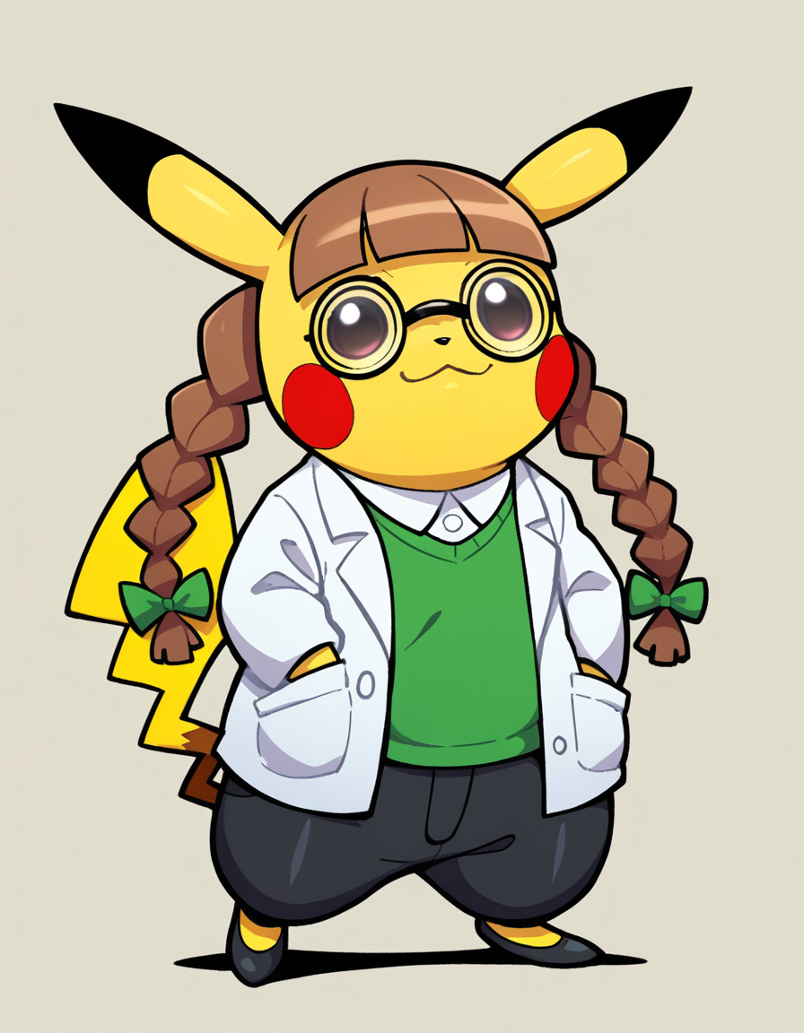zPDXL, score_9, score_8_up, score_7_up, score_6_up, score_5_up, source_anime, 4k, absurdres, 1girl, solo, 
<lora:Cosplaychu_v1-1-20:0.8>, cosplay pikachu, pokemon \(creature\), pikachu ears, pikachu tail, feral, eyelashes, shortstack, flat chest,
phdchu, lab coat, collared shirt, green sweater, brown hair, twintails, twin braids, black pants, black footwear, glasses, round eyewear, pocket, mortarboard, poke ball, coke-bottle glasses