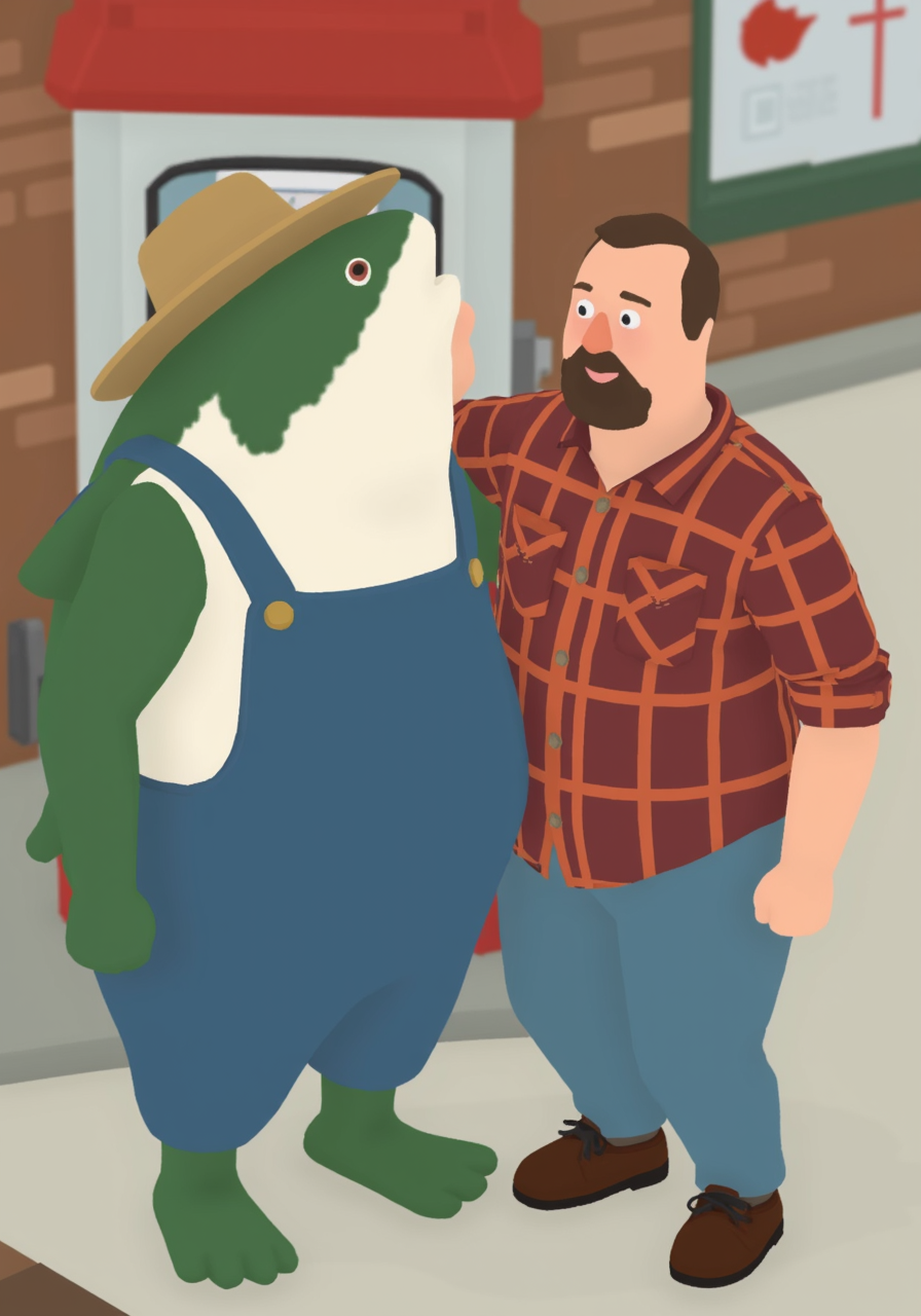 overhead perspective g00se art with smooth textureless style with muted pastel palette of, a giant fish wearing overalls who is friends with a man and a the man has one arm around the fish giving a thumbs up, the giant fish has one fin up, the man is smiling and wearing a straw hat and is slightly overweight with a plaid button up shirt and blue jeans with facial hair, he is smiling, the fish just has a normal fish face, they are standing in front of a rural gas station,<lora:g00se.safetensors:1.0:1.0>