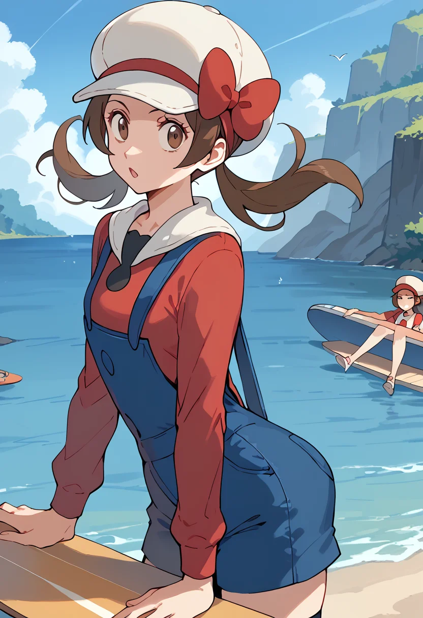 Balancing, pretending to be surfing on a board, <lora:LyraPony-10:1> Lyura_Def, long hair, brown hair, twintails, brown eyes, hat, cabbie hat, white headwear, ribbon, red ribbon, hat ribbon, shirt, red shirt, overalls, blue overalls, white thighhighs,, score_9, score_8_up, score_7_up, score_6_up, score_5_up, score_4_up,