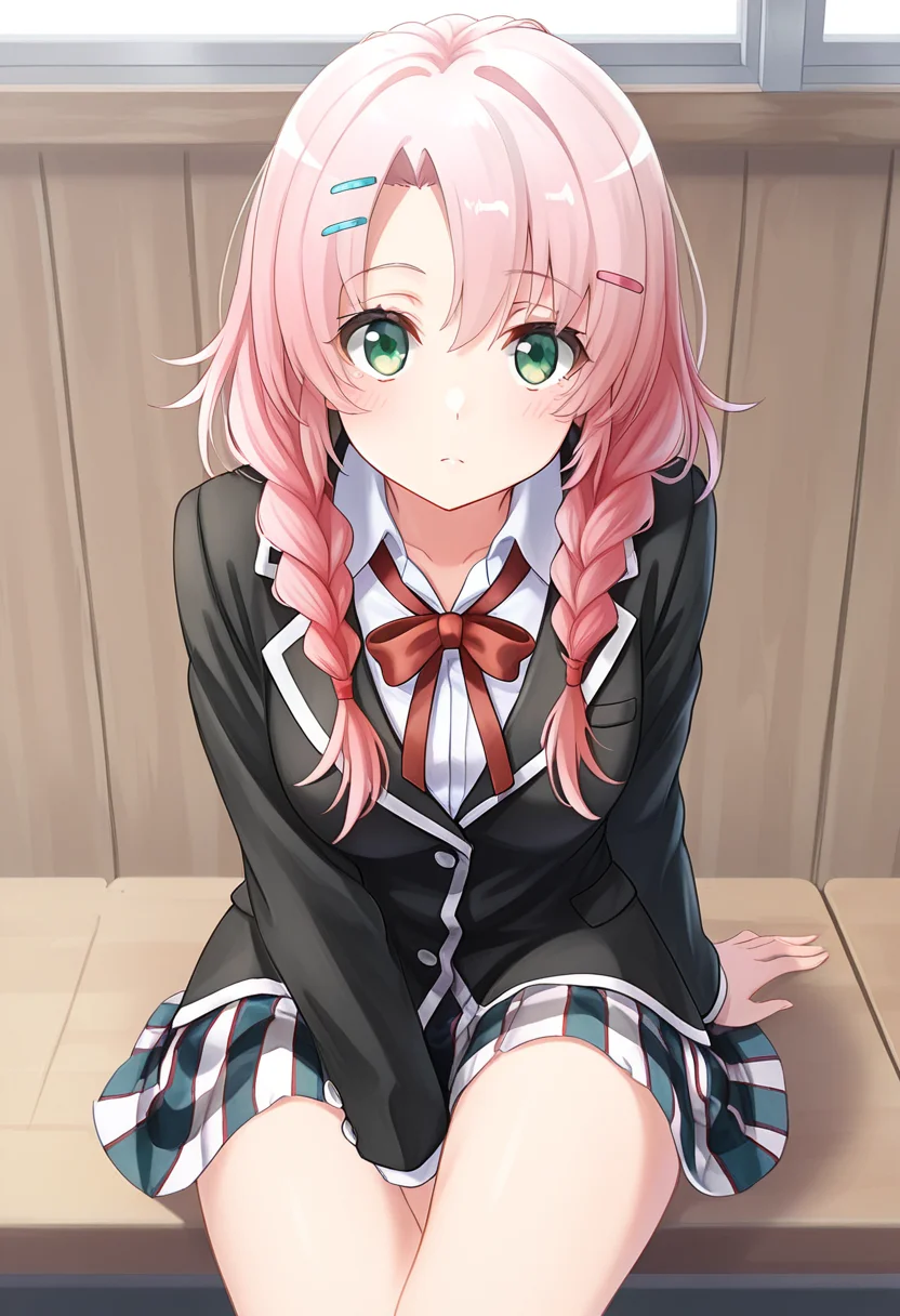 1girl, oregairumeguri, pink hair, long hair, twin braids, blue hairclip, green eyes, sobu high school uniform, blazer, looking at viewer, cute, <lora:Meguri_ill_v1:1>, masterpiece, best quality, high quality, detailed, absurdres