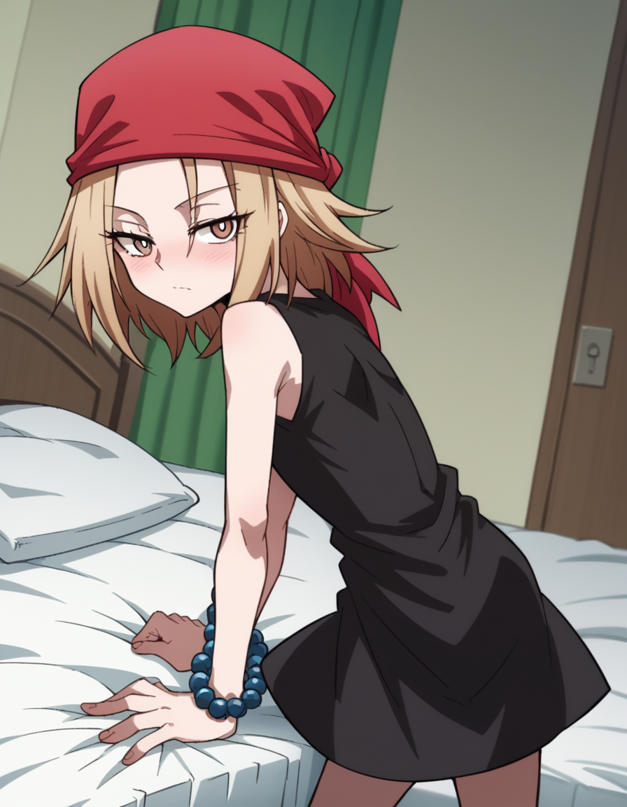 score_9, score_8_up, score_7_up, source_anime,
annakyouyama, <lora:anna-kyouyama-2021-s1-ponyxl-lora-nochekaiser:1>,
anna kyouyama, blonde hair, short hair, brown eyes,
bandana, beads, black dress, dress, prayer beads,
indoors, bed, bed room, on side, blush, drunk,
looking at viewer, cowboy shot, solo, dutch angle