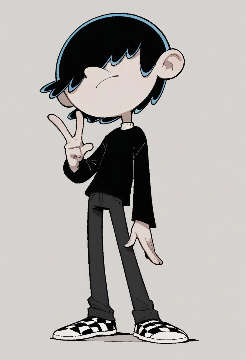 (score_9 | score_8_up | score_7_up) ((masterpiece:1))(best quality,very high quality,ultra detailed:1.2) (2D,cartoon style,anime style)(Smooth:2)(clean blurring) (four fingers on each hand,one thumb on each hand:1), Lars Loud, solo, 1boy, black hair, hair covers his eyes, pale grey skin, black shirt over a white turtleneck with black stripes, black pants, black And white checkered shoes