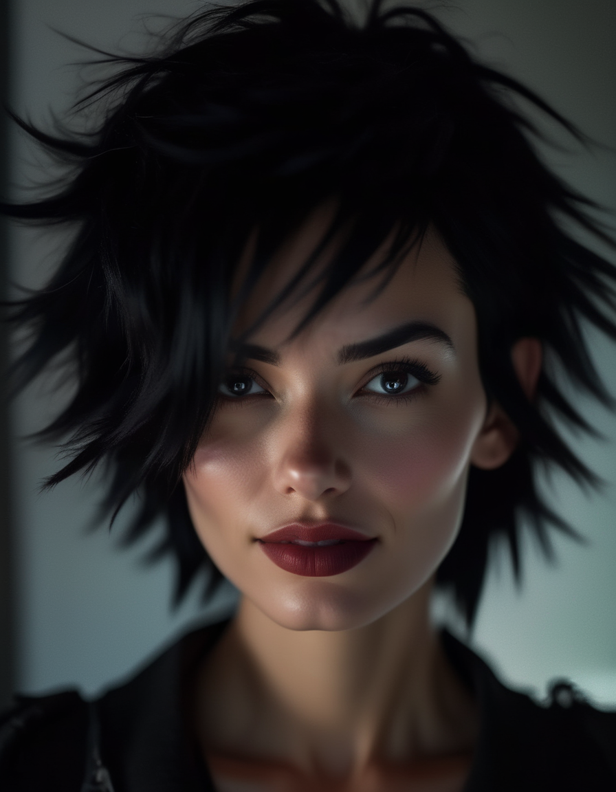 A mysterious portrait of a woman with short, spiky black hair, her angular face half-hidden in shadows, her dark eyes filled with secrets, her lips slightly curved in a knowing, enigmatic smile. <lora:usual-portrait-v2:1>