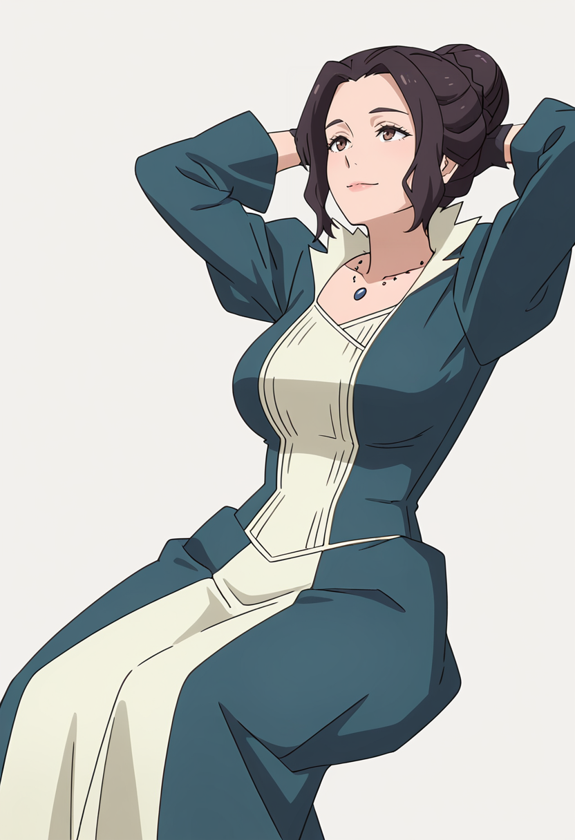 Smooth Quality,masterpiece,very intricate, high quality details, ultra realistic, high detailed skin,detailed enviorement,absurdres,
simple background, white background,
reclining, arms folded behind head, one knee bent, looking up, peaceful mood,  ,front view,
 <lora:Blumund_Queen_cnn:0.7>blumundqueencnn,1girl, black hair, hair bun,mature female, 
long sleeves, blue dress, black gloves,jewelry, necklace,