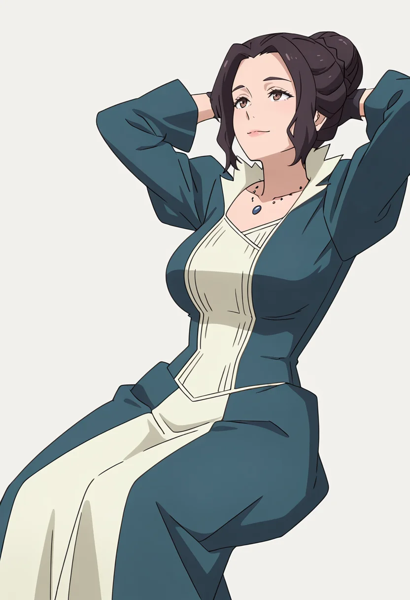 Smooth Quality,masterpiece,very intricate, high quality details, ultra realistic, high detailed skin,detailed enviorement,absurdres,
simple background, white background,
reclining, arms folded behind head, one knee bent, looking up, peaceful mood, ,front view,
<lora:Blumund_Queen_cnn:0.7>blumundqueencnn,1girl, black hair, hair bun,mature female,
long sleeves, blue dress, black gloves,jewelry, necklace,