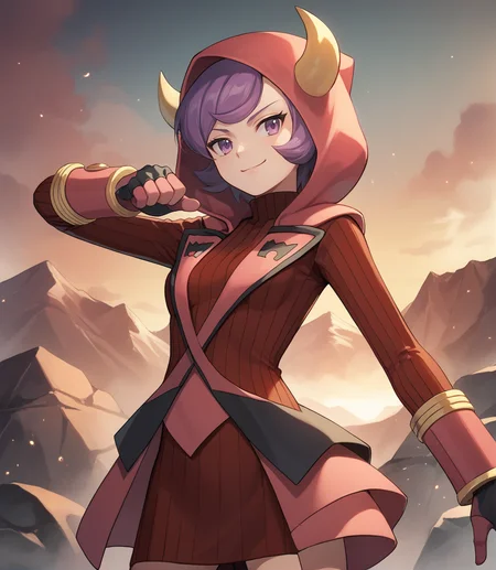 score_9,score_8_up,score_7_up,score_6_up,source anime BREAK,
1girl, courtney (pokemon), purple hair, bangs, eyelashes, purple eyes, short hair, medium breasts,
hood, hood up, horned headwear, team magma uniform, ribbed sweater, fake horns, turtleneck dress, hoodie, gloves
standing, cowboy shot, volcano, detailed background, backlighting, steam, foggy, smirk, particles, fighting stance, 
 <lora:courtney_v1_0:1>