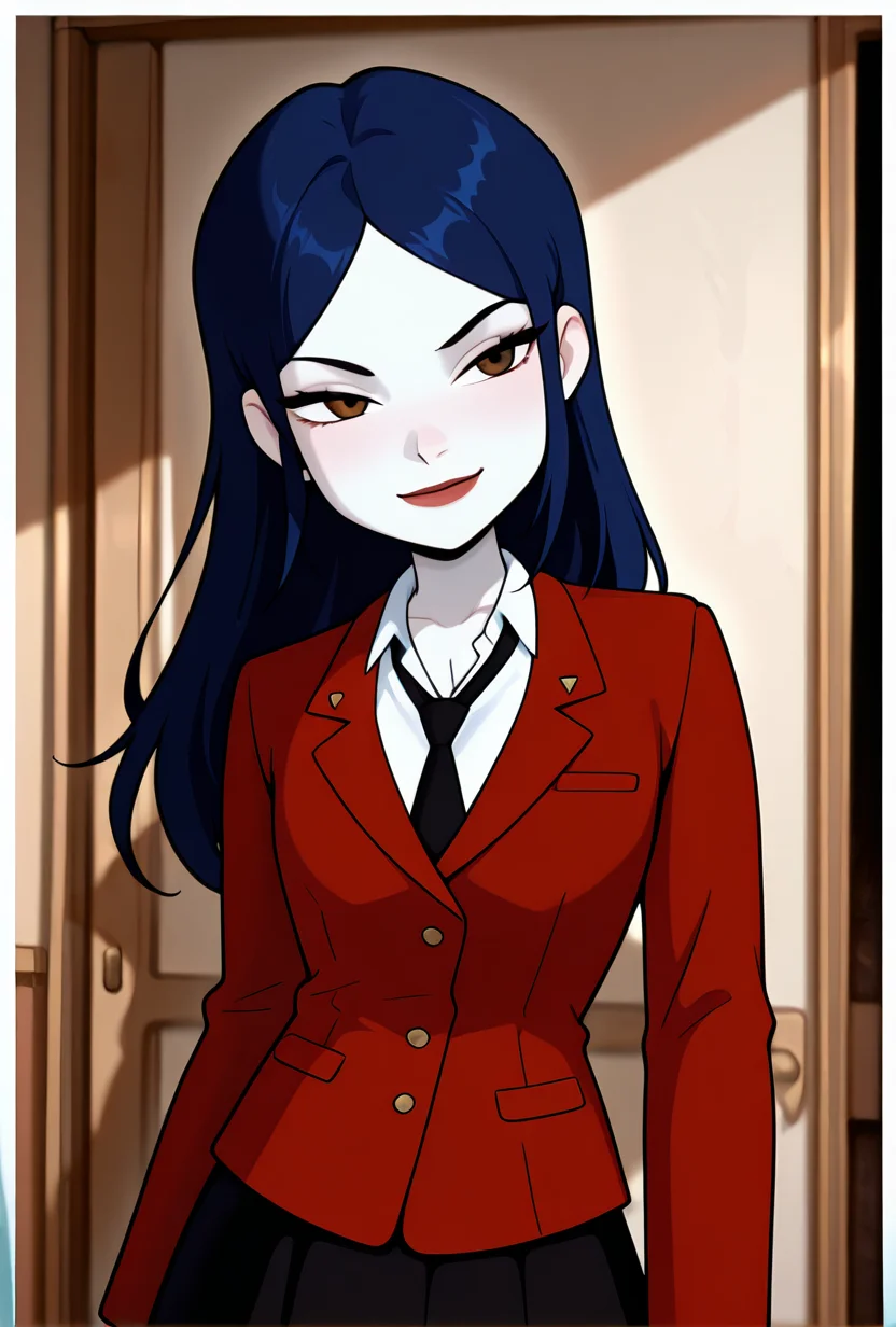((cartoon, screencap))  <lora:tiffanyos:1> tiffanyos, 1girl, long hair, blue hair, parted bangs, black necktie, school uniform, black skirt, white  undershirt, lipstick, red jacket, pale skin,, masterpiece, best quality, amazing quality, very aesthetic, absurdres, newest,, upper body, halftone effect, white borders, abstract background:1.2,