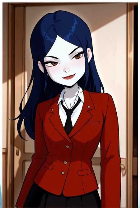 ((cartoon, screencap))  <lora:tiffanyos:1> tiffanyos, 1girl, long hair, blue hair, parted bangs, black necktie, school uniform, black skirt, white  undershirt, lipstick, red jacket, pale skin,, masterpiece, best quality, amazing quality, very aesthetic, absurdres, newest,, upper body, halftone effect, white borders, abstract background:1.2,
