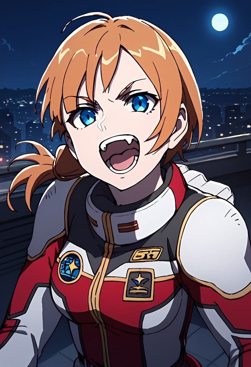 score_9, score_8_up, score_7_up,city view, 1 female,night view, moonlight,somers, female, brown hair, blue eyes, hair with band,open-collor pilotsuit,gloves,upper body,look at viewer,open mouth , fang teeth