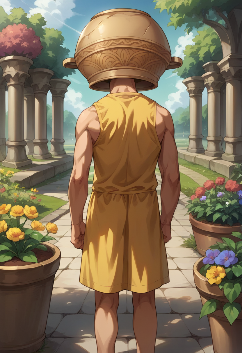 score_9, score_8_up, source_anime, 1boy, solo, LetMeSoloHer, pot helmet, from behind, yellow sundress, garden, day, sunshine, <lora:CHAR-LetMeSoloHerPonyXL:1>