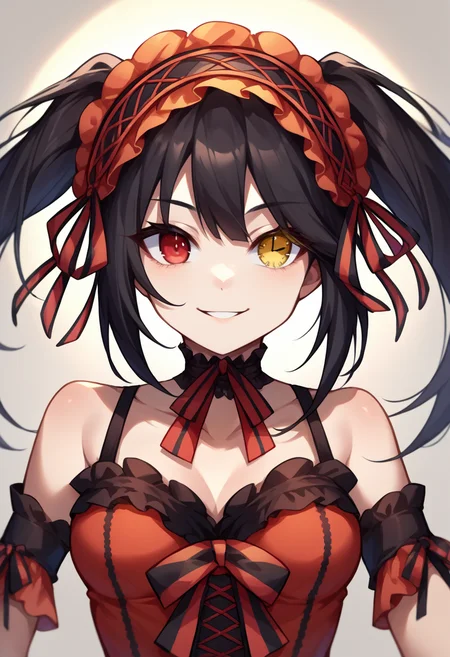 score_9, score_8_up, source_anime, 1girl, solo, KurumiBase, clock eyes, red eye, yellow eye, heterochromia, black hair, twintails, hairband, red dress, striped bow, frills, detached sleeves, frilled choker, smile, portrait, upper body, <lora:ChamTokisakiKurumiPonyXL-000008:1>