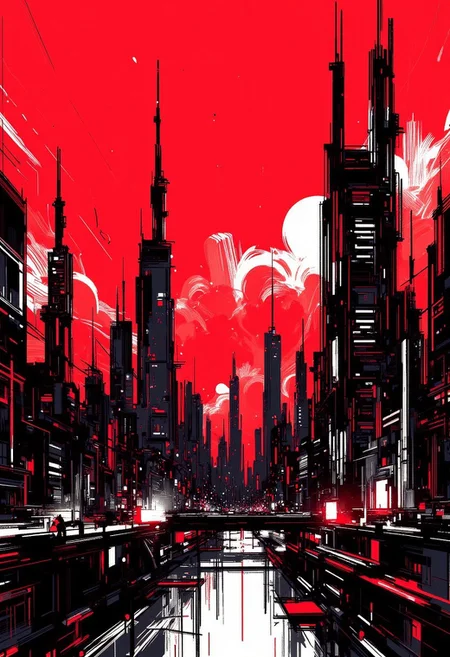 Special Ink-drawing mode, Mh1$AgThS2, intricate linework with expressive contrasts, inksketch in red and black of an advanced sci-fi cityscape, with gleaming towers and skyscrapers rising into a dark red sky