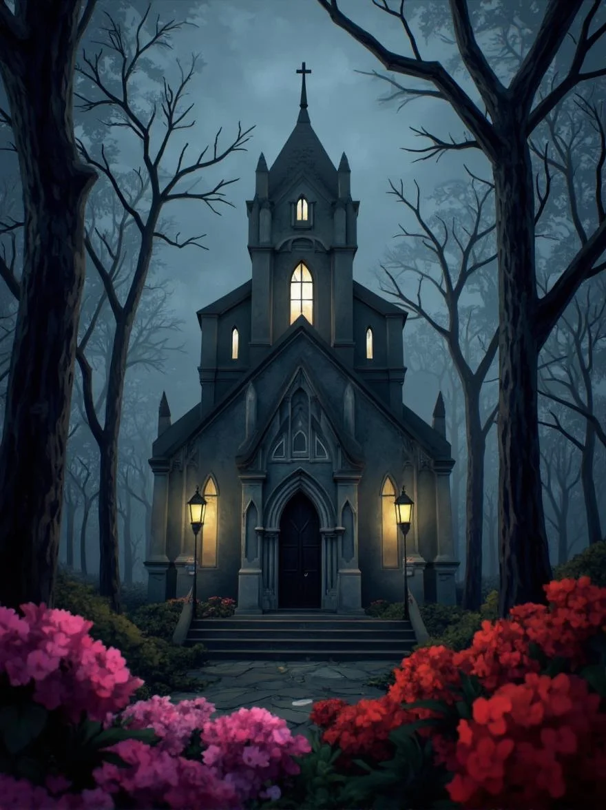 <lora:ck-LttleGhost-000011.safetensors:1> in the style of ck-lttlegh0stA Gothic-style church stands at the center of a surreal forest setting, bathed in soft, eerie light from lanterns and a glowing window. Lifeless trees loom above, while vibrant pink and red flowers bloom around the base, creating an unsettling yet captivating atmosphere.