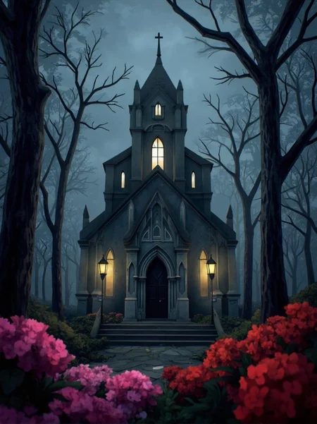 <lora:ck-LttleGhost-000011.safetensors:1> in the style of ck-lttlegh0stA Gothic-style church stands at the center of a surreal forest setting, bathed in soft, eerie light from lanterns and a glowing window. Lifeless trees loom above, while vibrant pink and red flowers bloom around the base, creating an unsettling yet captivating atmosphere.