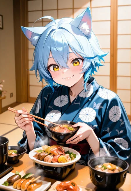 masterpiece, general, best quality, amazing quality, very aesthetic, ultra-detailed, absurdres, highres, newest, 1girl, short hair, royal blue hair, cat ears, ahoge, hair between eyes, yellow eyes, :3, fang, smile, yukata, heyashoku, food, table, eating, holding chopsticks, happy, steam,