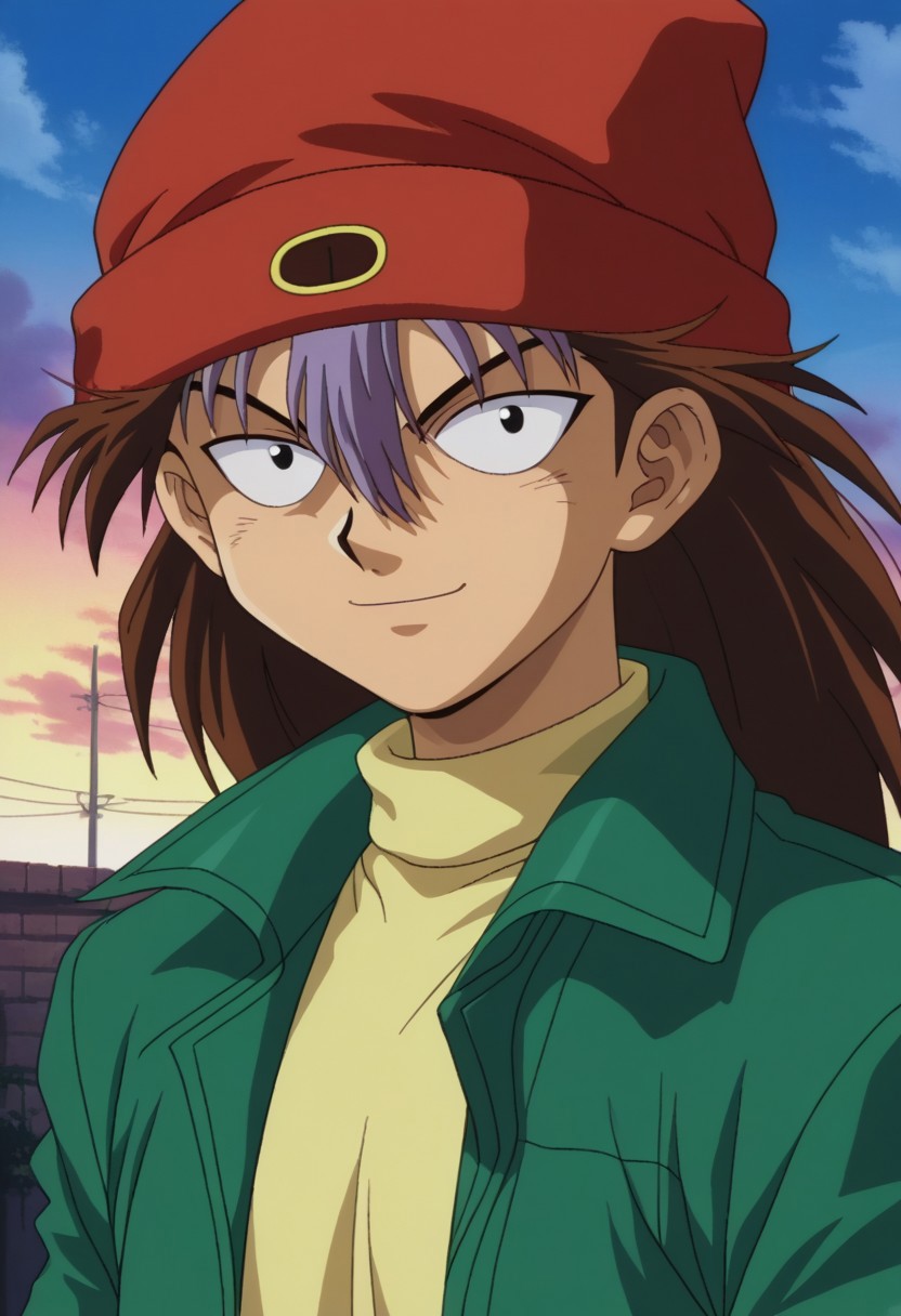 score_9, score_7_up, source_anime, retro artsyle, 1990s (style),
ryuzaki, 1boy, male focus, solo, black eyes, brown hair, long hair, multicolored hair, two-tone hair, brown hair, purple hair, hair between eyes, hat, beanie, red headwear, shirt, yellow shirt, turtleneck, jacket, green jacket, long sleeves, open jacket, open clothes, smile
outdoor, sky,
