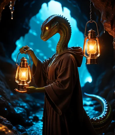 shiny skin, high quality, cel shading, reptile girl with a grudge, holding knife, hood, robe, holding lantern, green-skin, lizard tail, dark cave lit only by lantern, realistic shadows, smooth skin, dynamic action shot, holding, tail, hooded robe, weapon, lantern, glowing, glowing eye, blood on weapon, monster focus, blood, black background, yellow eyes, knife, dagger,
View from the side. A huge green-skinned lizard with a long neck and a large head stands in front of a dark cave entrance. The creature is holding a lantern in its hand and looking forward. The lizard's body is covered with scales and it has glowing yellow eyes.
score_9, score_8_up, score_7_up, score_6_up
<lora:ReptileSkin01_CE_SDXL:1>
