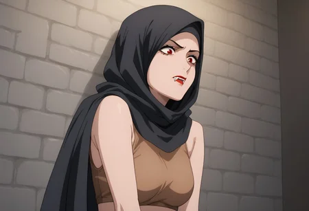 score_9, score_8_up, score_7_up, score_6_up, score_5_up, score_4_up, source_explicit, BREAK, solo:1.6, 1girl, vampire, black hair, red eyes, brown cloth tube-tob, midriff,  (dungeon background:1.5), (long black hair sticking out from black hijab:), long black hair:1.7,  sleeveless, vampire fangs, , pale skin, , sm_an_stl, source_anime, anime screencap, anime, animification, BREAK,  , hijab , ((brown hemp top)), ((brown hemp clothing)),  stone walls, wall torches, bangs sticking out from hijab, stern expression,,  standing, bending down, discovering foot prints, investigating, looking down, thinking, cowboy shot , stone brick  well, (zoom out), establishing shot,