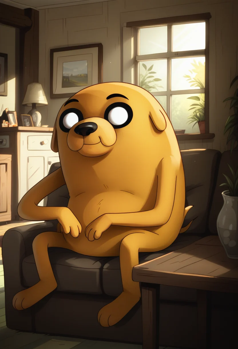 score_9, score_8_up, score_8, <lora:Jake_the_DogCake_the_Cat_Adventure_Time_for_PonyXL:0.8> 1boy, j4ke, dog boy, white eyes, black sclera, sitting on couch, living room, window, smile