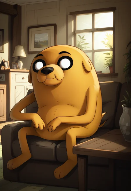 score_9, score_8_up, score_8, <lora:Jake_the_DogCake_the_Cat_Adventure_Time_for_PonyXL:0.8> 1boy, j4ke, dog boy, white eyes, black sclera, sitting on couch, living room, window, smile