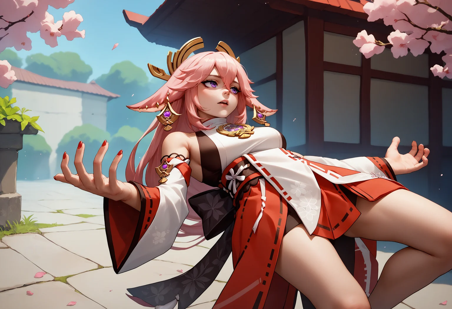 score_9, score_8_up, score_7_up, wryyyyyyyyyyyyyyyyyyyy, leaning back, outstretched arms, <lora:WryyyyyyPose_pdxl_Incrs_v1:1>, yae miko, 1girl, (bended knees:0.75)
