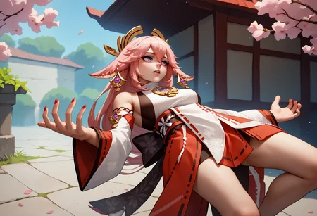 score_9, score_8_up, score_7_up, wryyyyyyyyyyyyyyyyyyyy, leaning back, outstretched arms, <lora:WryyyyyyPose_pdxl_Incrs_v1:1>, yae miko, 1girl, (bended knees:0.75)