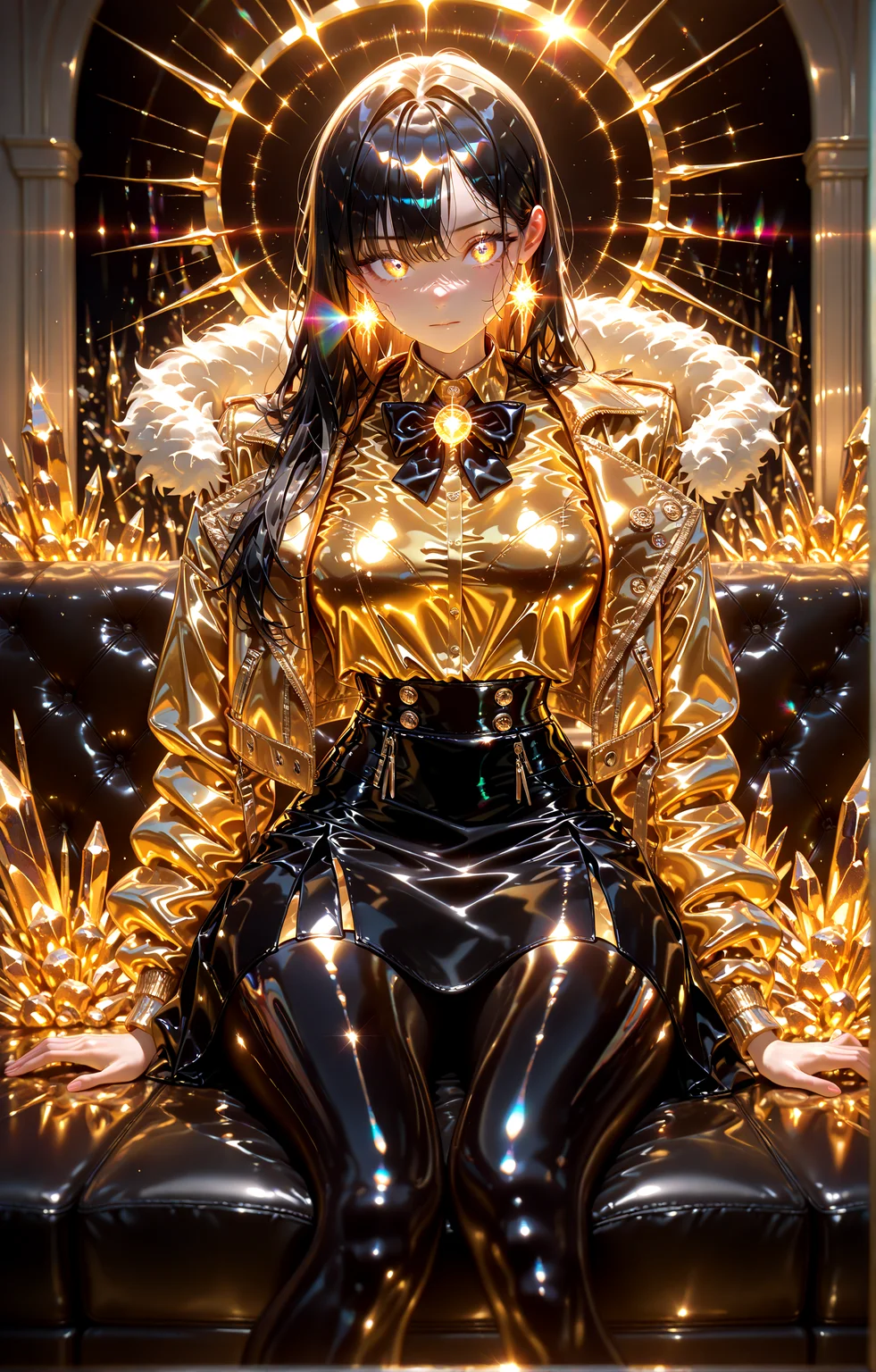 masterpiece, best quality, amazing quality, very aesthetic, absurdres, newest,
ice_crystal,winter,indoor,dark_background,
1girl,golden_jacket,golden_shirt,bowtie,skirt,lace,pantyhose,long_black_hair, facelight,luster,shiny_skin,lens flare,
sitting black_sofa, from front very close-up
looking_at_viewer,glowing,latex,luster,shiny_skin,
{{best_quality}},{{amazing_quality,very_aesthetic}},
masterpiece, best quality, amazing quality, very aesthetic, absurdres, newest, volumetric lighting, <lora:spo_sdxl_10ep_4k-data_lora_webui:1> <lora:holographiccolor:0.9>