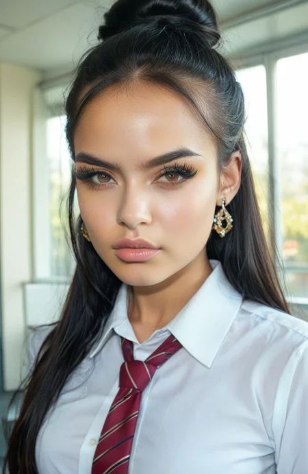 <lora:chav_style_v1_IL-11:1.0> chav style, 1girl, solo, long hair, looking at viewer, shirt, black hair, hair bun, jewelry, school uniform, white shirt, earrings, necktie, collared shirt, lips, eyelashes, makeup, realistic, nose, straight hair, large forehead, puckered lips