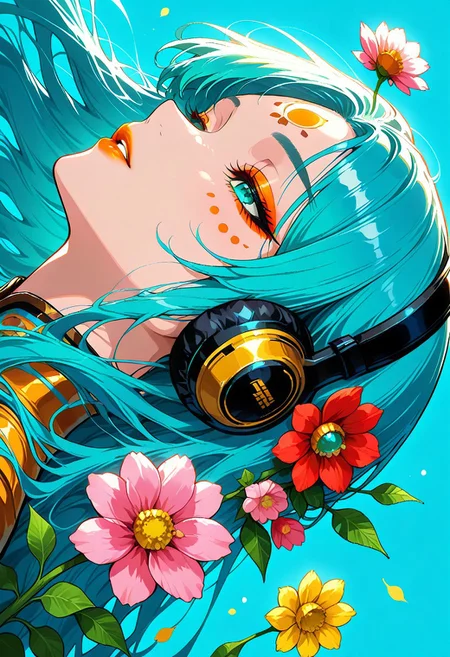 dextro, made of marbles, 1girl, headphones, profile, d up, marbles, hair marbles, yellow flower, pink flower, red flower, facial mark, looking ahead, orange eyeshadow, orange lips, long hair, blue hair, portrait, aqua hair, blue eyes, parted lips, aqua eyes, multicolored hair, expressionless, eyeshadow, floating hair, forehead mark, half-closed eyes, long bangs, makeup, hair ornament, flower, leaf, plant, solo, aqua background, simple background, blue background, from side, close-up, sideways, masterpiece, best quality, very aesthetic, absurdres