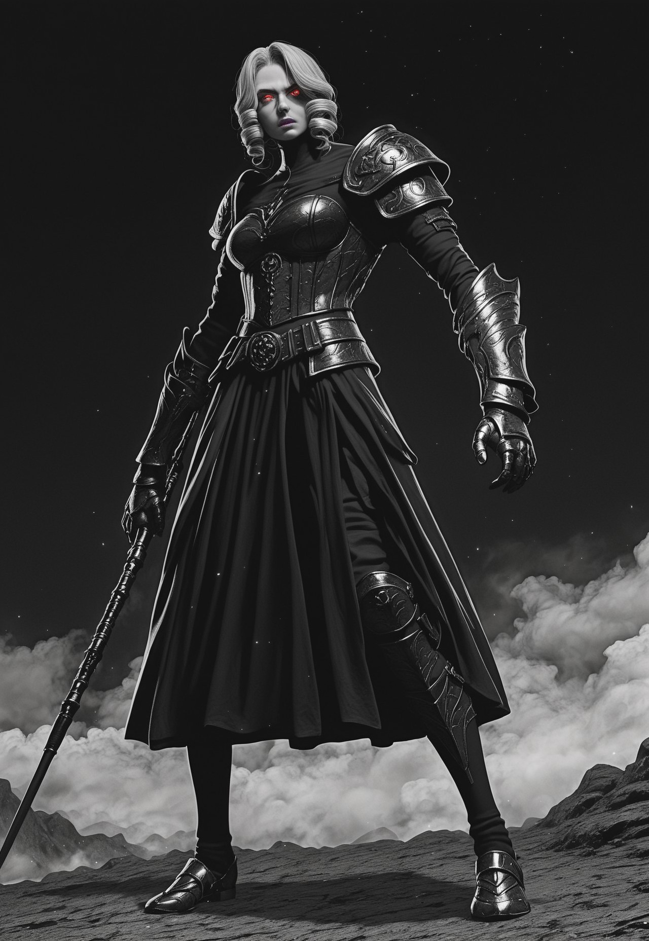 score_9, score_8_up, score_7_up, score_6_up, manga, monochrome, greyscale, night, comic,
masterpiece,best quality,amazing quality,very aesthetic, absurdres, textured skin, anime style, (black and white, grayscale, monochrome:1.1), shaded, bold lines, Crestyle, detailed background, manga, 
shindol, Crestyle, m4ng4, Sinozick_illu, spot color, in the style of cksc, abstract, surreal, intricate background, ornate, 
shadows,  Rim Lighting, , 
1girl, blunt_ends,  ringlets hairstyle,  monster pupils,   elaborate tattoo,  knee high socks, silk shoes, socks belt, armored gloves, modern military armor, (solo:1.6), light skin,, light hair, dark eyes, young,  red eyes, sinister, dramatic, 
luminescent print, (dark Violet clothes, colored clothes,:1.3)   armored, 
tiled baggy gown, latex corset-layered Kilt, High-waisted trousers, 
silver staff, holding weapon, large weapon, colossal weapon, oversized weapon,, fighting pose, (dynamic pose:1.4), motion lines, dutch angle, smoke, fog, heavy sky, dark theme, light particles, 
distant mountains, distant valley, distant forest, clouds, mist, (Crimson background:1.1), black background, 
