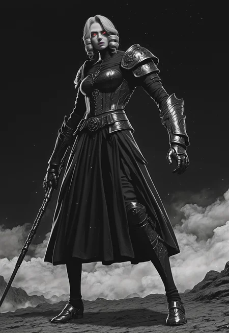 score_9, score_8_up, score_7_up, score_6_up, manga, monochrome, greyscale, night, comic,
masterpiece,best quality,amazing quality,very aesthetic, absurdres, textured skin, anime style, (black and white, grayscale, monochrome:1.1), shaded, bold lines, Crestyle, detailed background, manga,
shindol, Crestyle, m4ng4, Sinozick_illu, spot color, in the style of cksc, abstract, surreal, intricate background, ornate,
shadows, Rim Lighting, ,
1girl, blunt_ends, ringlets hairstyle, monster pupils, elaborate tattoo, knee high socks, silk shoes, socks belt, armored gloves, modern military armor, (solo:1.6), light skin,, light hair, dark eyes, young, red eyes, sinister, dramatic,
luminescent print, (dark Violet clothes, colored clothes,:1.3) armored,
tiled baggy gown, latex corset-layered Kilt, High-waisted trousers,
silver staff, holding weapon, large weapon, colossal weapon, oversized weapon,, fighting pose, (dynamic pose:1.4), motion lines, dutch angle, smoke, fog, heavy sky, dark theme, light particles,
distant mountains, distant valley, distant forest, clouds, mist, (Crimson background:1.1), black background,