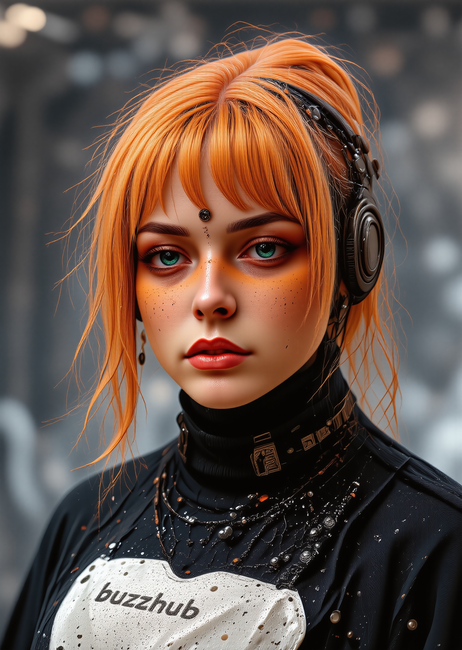 young female, photorealism, black and orange outfit, "buzzhub" written on shirt, <lora:moxiePunk_v20.safetensors:0.8:0.8> <lora:Sinfully_Stylish_.02_for_FLUX-000002.safetensors:0.8:0.8> <lora:flux.1_lora_flyway_Epic-Characters_v1.safetensors:0.8:0.8>
