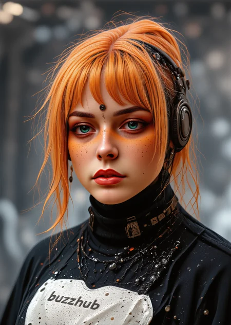 young female, photorealism, black and orange outfit, "buzzhub" written on shirt, <lora:moxiePunk_v20.safetensors:0.8:0.8> <lora:Sinfully_Stylish_.02_for_FLUX-000002.safetensors:0.8:0.8> <lora:flux.1_lora_flyway_Epic-Characters_v1.safetensors:0.8:0.8>