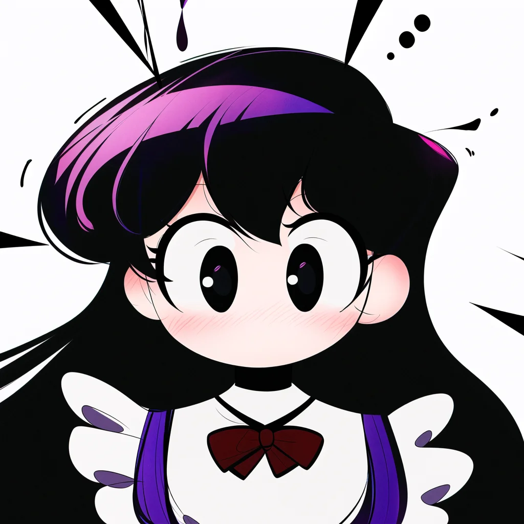 ((komi shouko)), 1girl, apron, black eyes, dotted background, emphasis lines,komi-san wa komyushou desu, long hair, looking at viewer, maid, (no mouth), (no nose), purple hair, self-upload, solo, sound effects, upper body, nose blush, large eyes, shaded face <lora:komi_shouko:0.5>