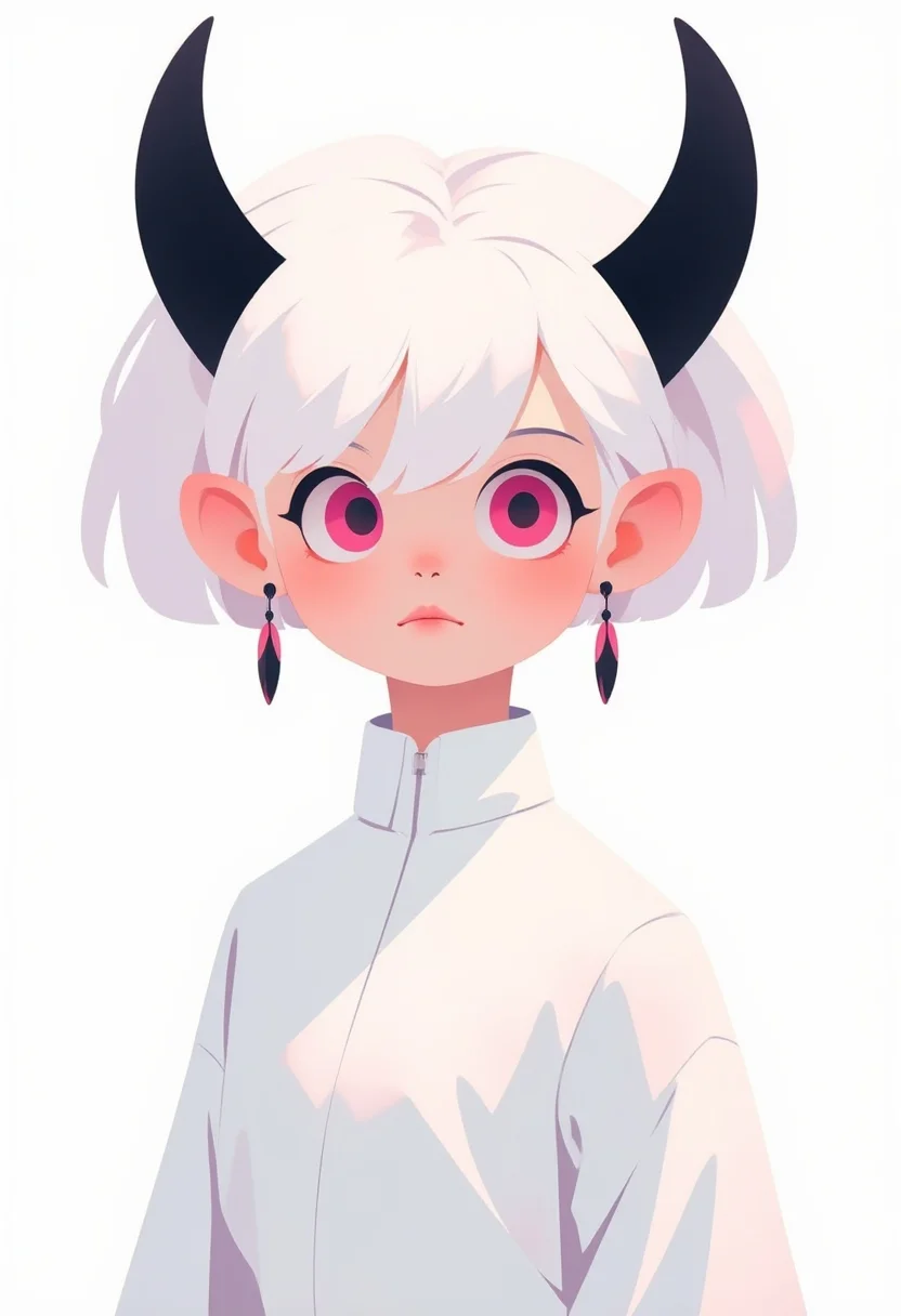 anime, cartoon, 2d flat illustration, a demon girl with horns and white hair in white clothes