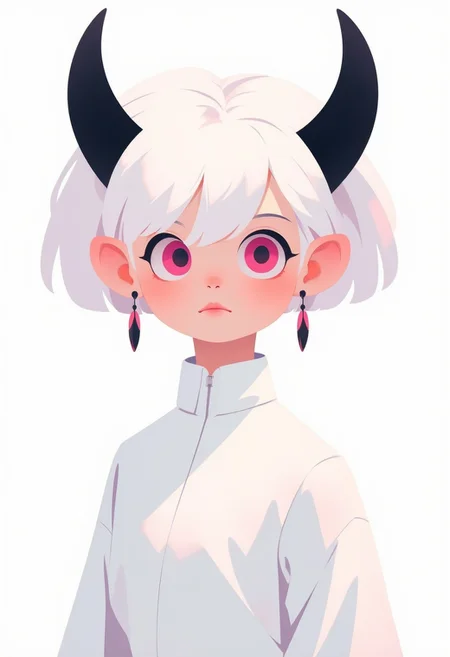 anime, cartoon, 2d flat illustration, a demon girl with horns and white hair in white clothes